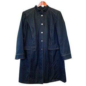 Studio Tahari Snap Button Trench Coat Demin Style Blue Gold Stitching Lined 39"L